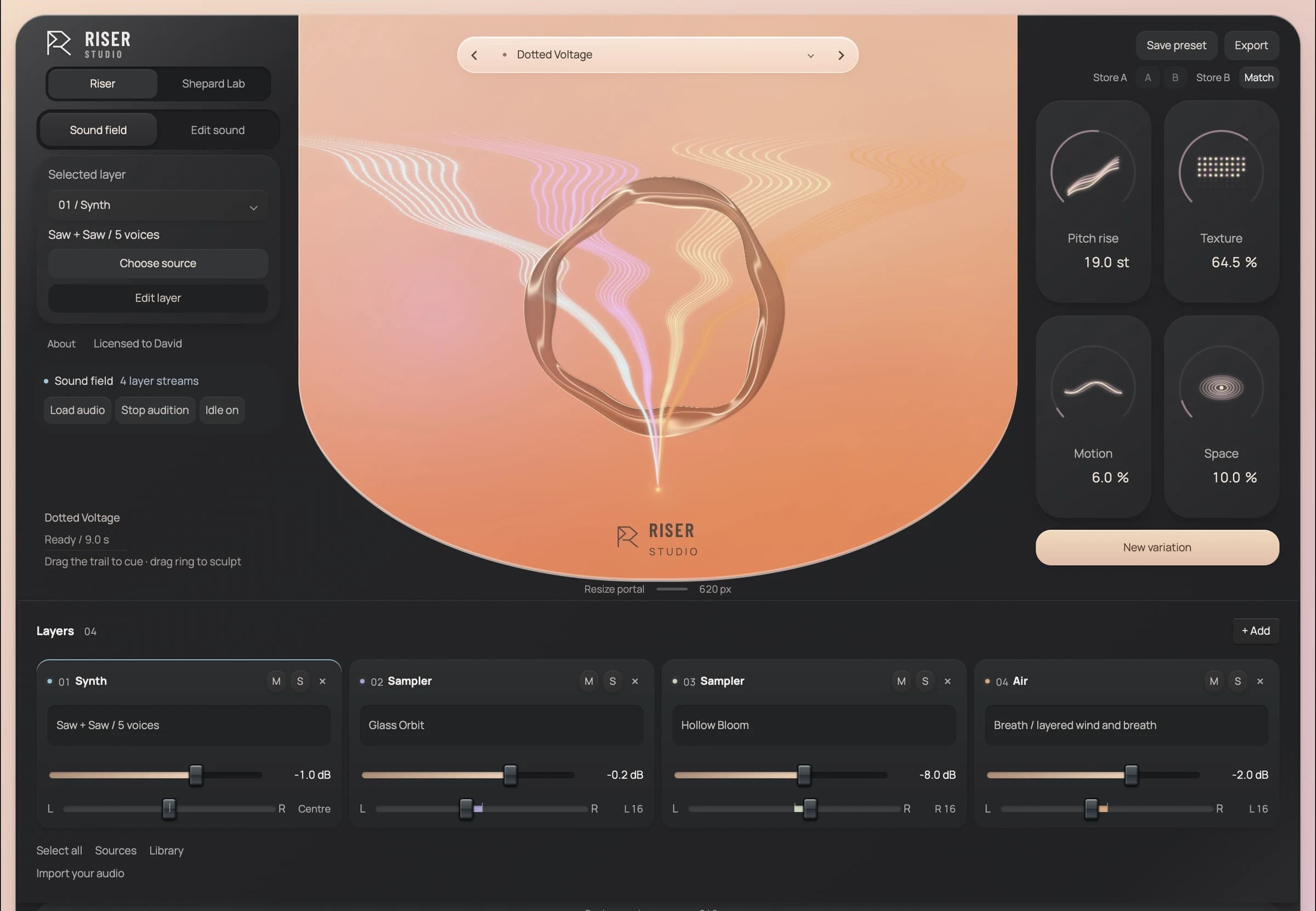 Riser Studio's native interface with an orange waveform, layered sound sources and shaping controls